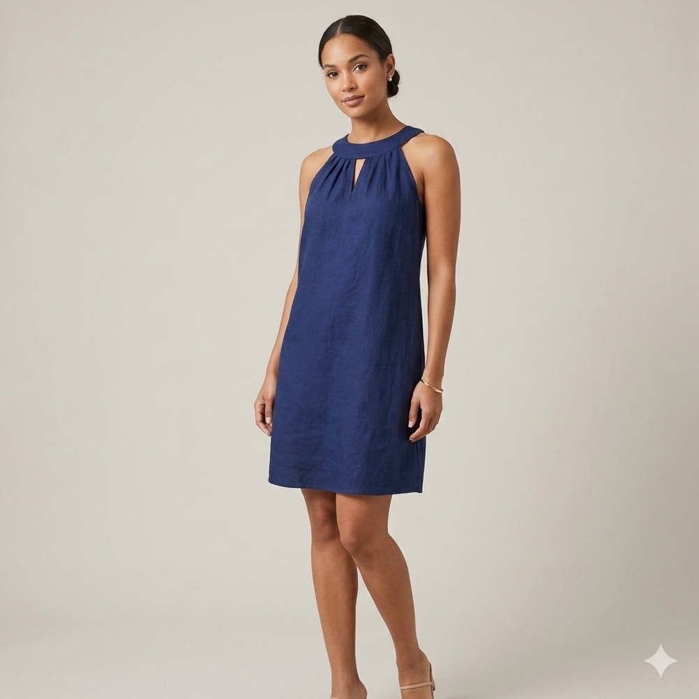 Antibes Blanc Navy Blue 100% Linen Halter Neck Keyhole Shift Mini Dress - Medium